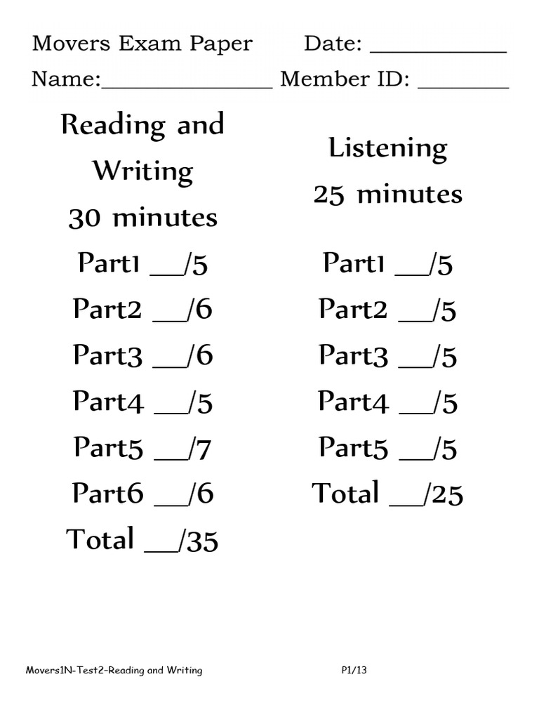 Movers 1N Reading and Writing Test | PDF