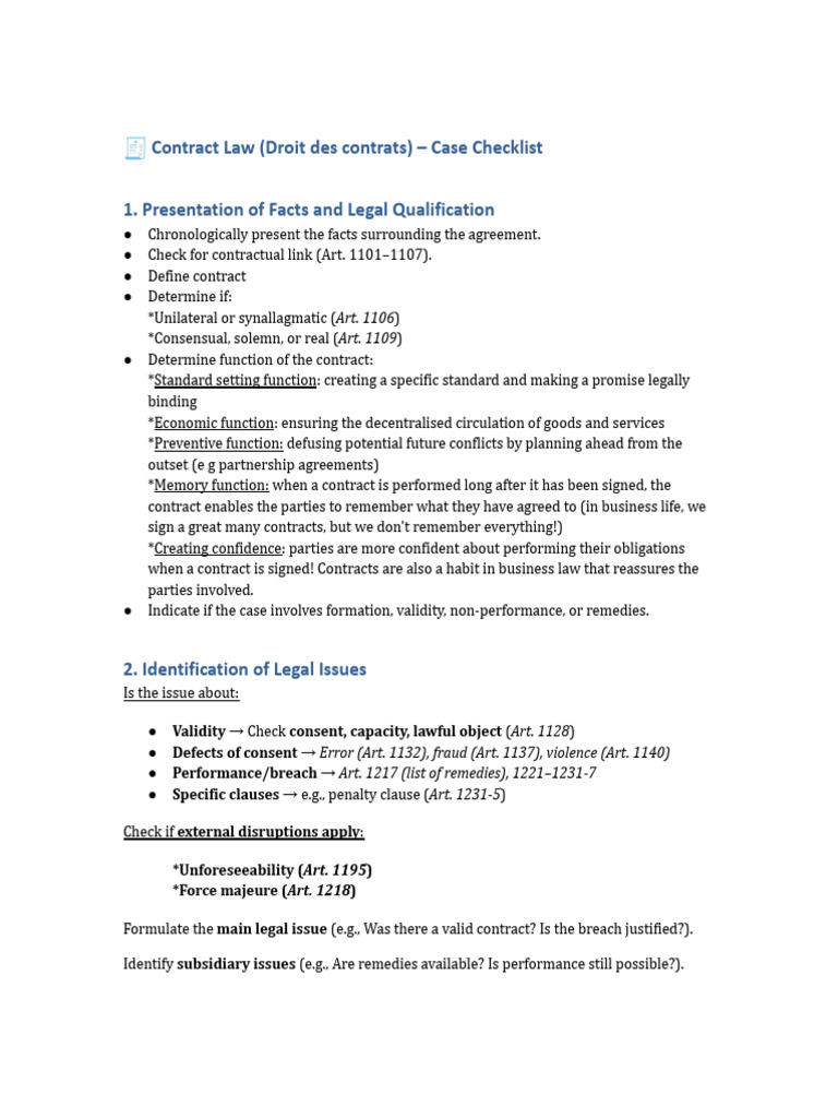 Contract Law Case Checklist | PDF | Business Law | Civil Law (Legal System)