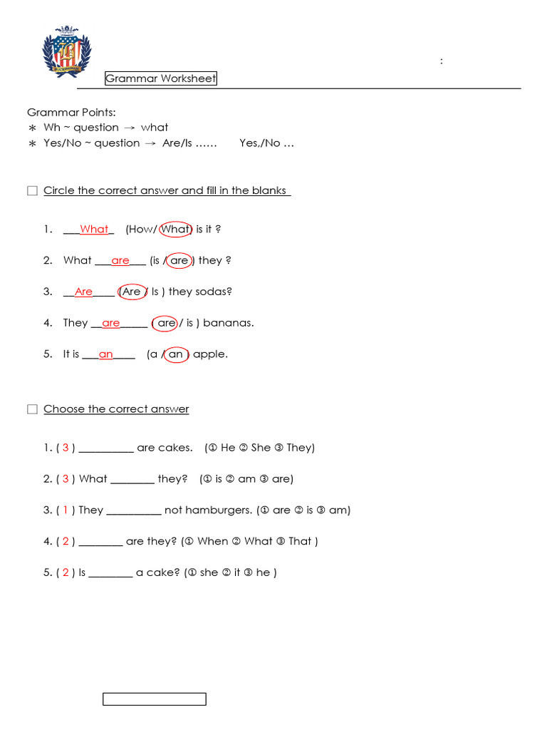 AOU 1 Unit 3 Grammar Worksheet Key | PDF