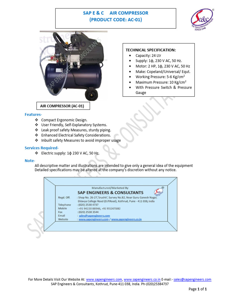 Air Compressor AC-01 Specifications | PDF