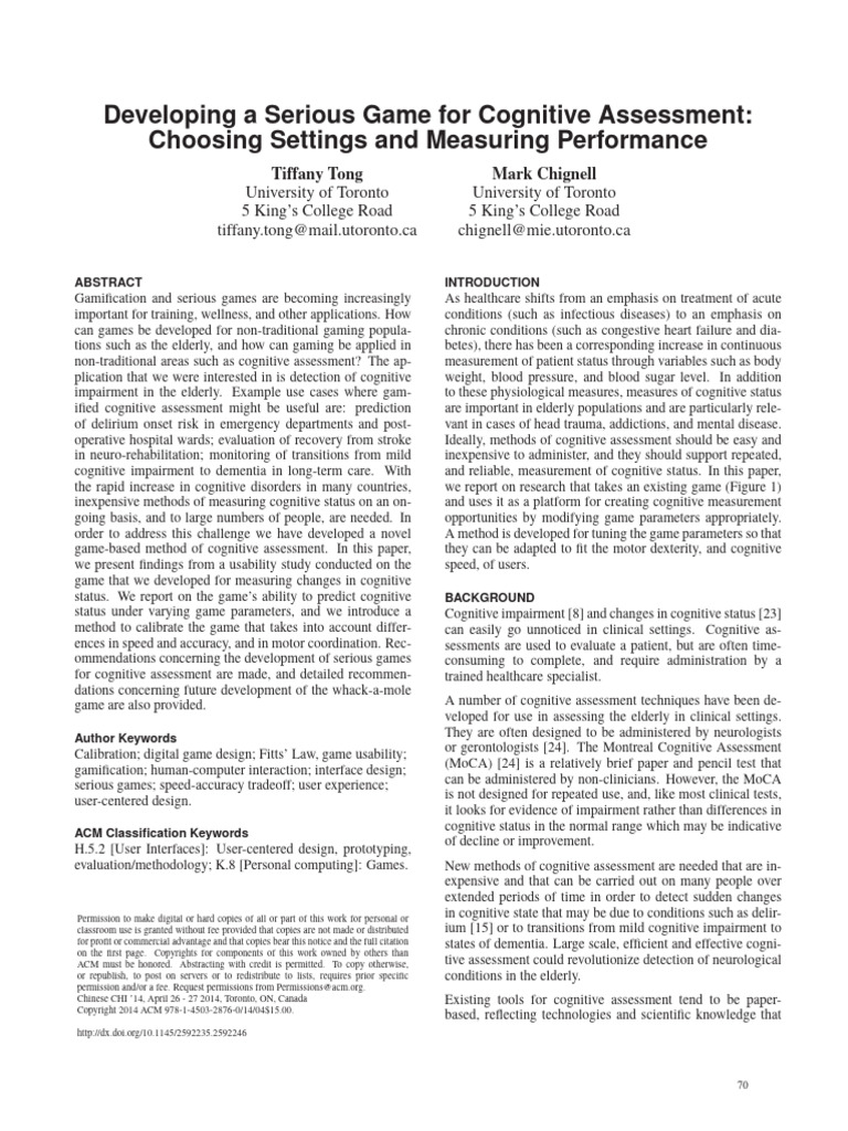 Developing A Serious Game For Cognitive Assessment: Choosing Settings ...