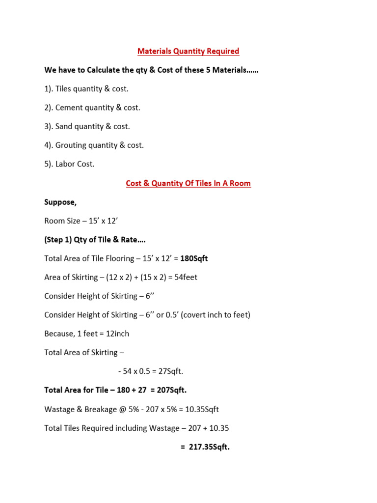 Skirting and Tile Cost Calculation | PDF | Cement | Mortar (Masonry)