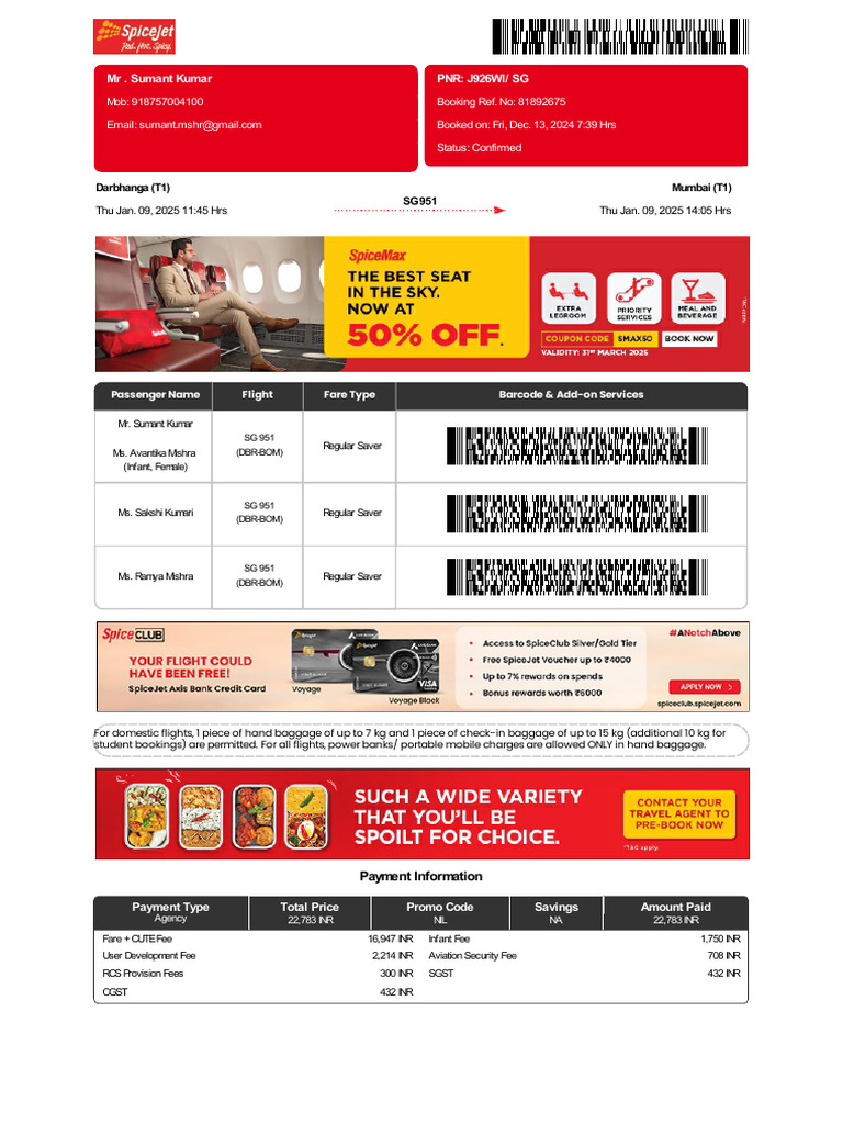 SpiceJet - E-Ticket - PNR - J926WI 09 Jan 2025 Darbhanga-Mumbai For MR ...