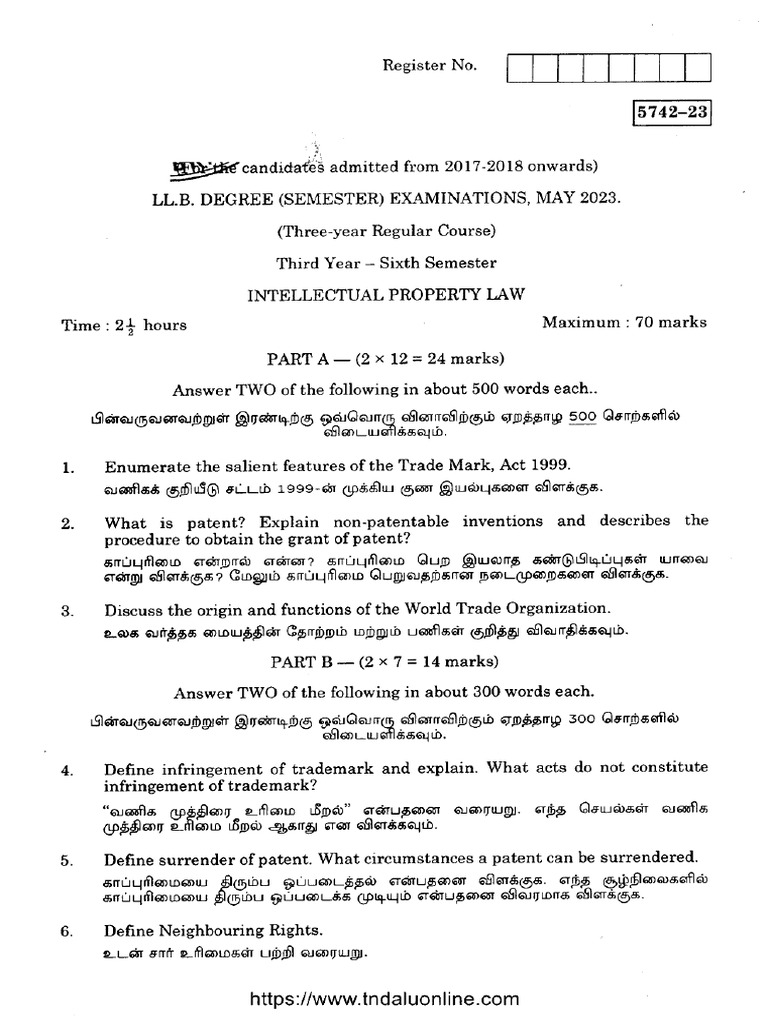 Intellectual Property 6th Sem Question Papers | PDF