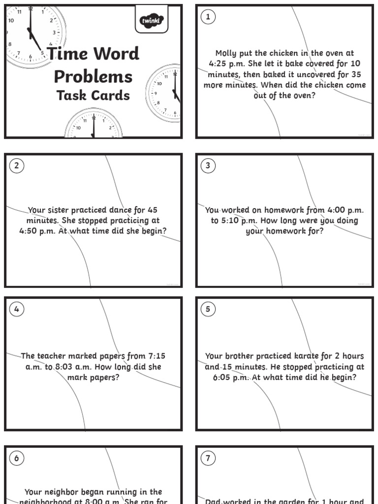 BW Time Word Problems Math Task Cards | PDF
