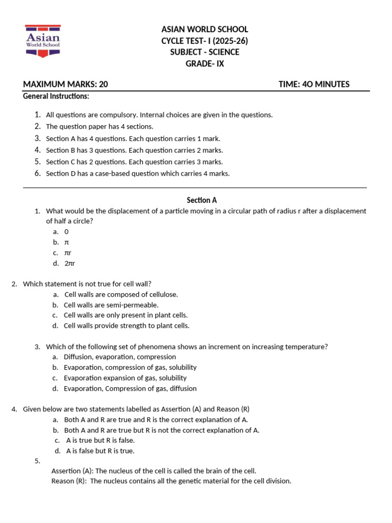 Cycle Test 1 Sci GRD 9 2025-26 | PDF | Cell (Biology) | Physical Phenomena