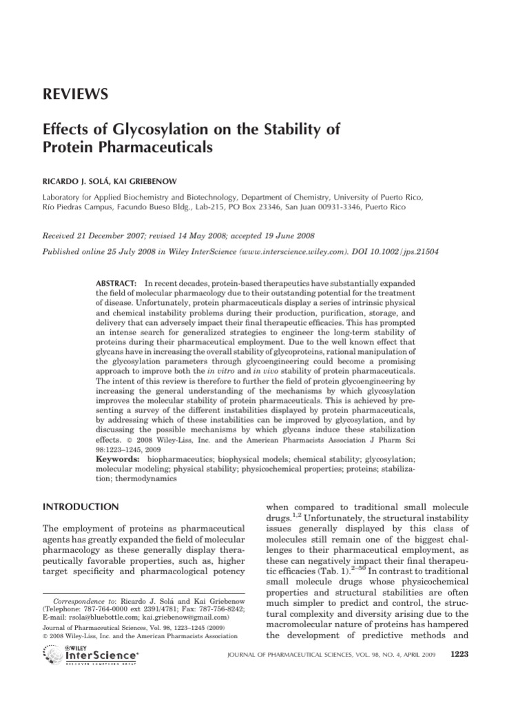 Effects of Glycosylation On The Stability of Protein Pharmaceuticals ...