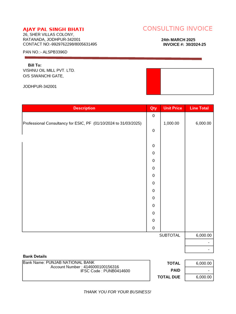 Consulting Invoice for Vishnu Oil Mill | PDF