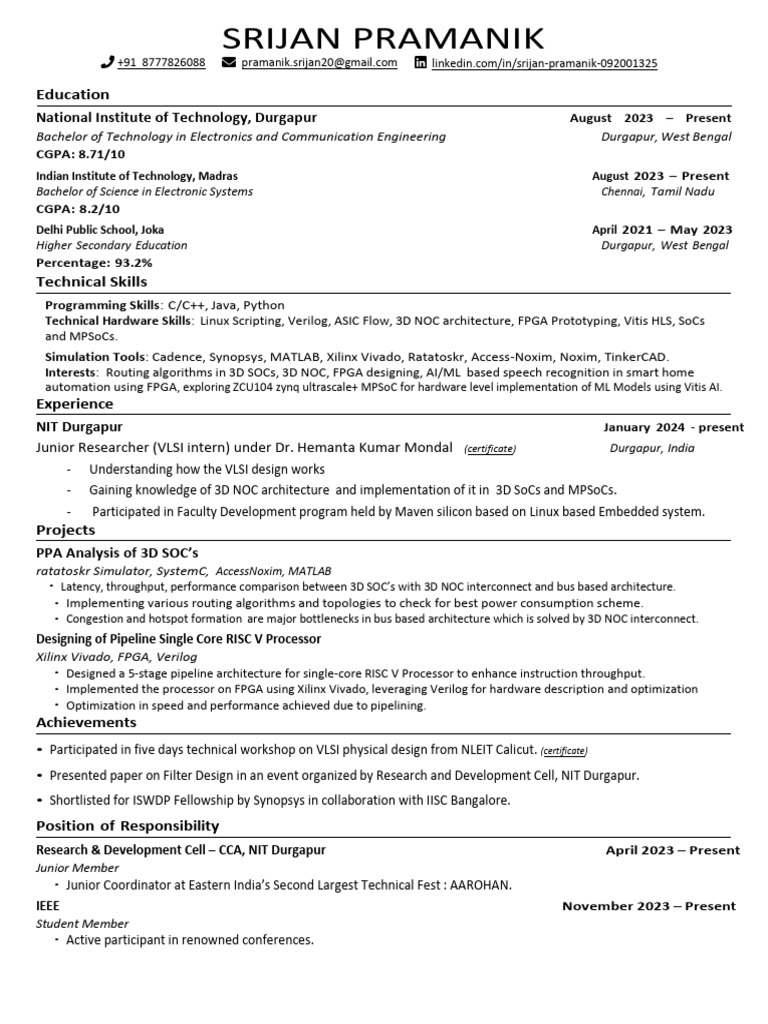 Srijan Pramanik OffCampus Resume | PDF | System On A Chip | Field ...