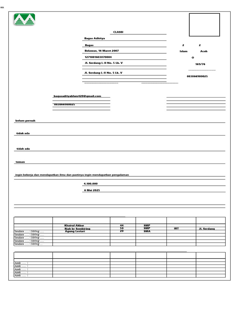 Formulir Lamaran Kerja Musim Mas | PDF