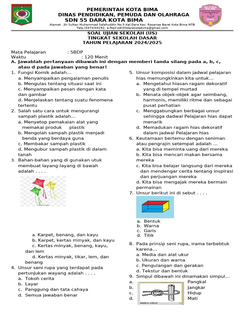 Soal Ujian Sekolah SD SBDP 2024/2025 | PDF
