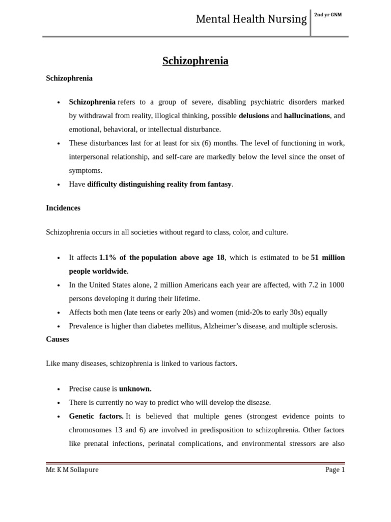 Understanding Schizophrenia in Nursing | PDF | Schizophrenia | Psychosis
