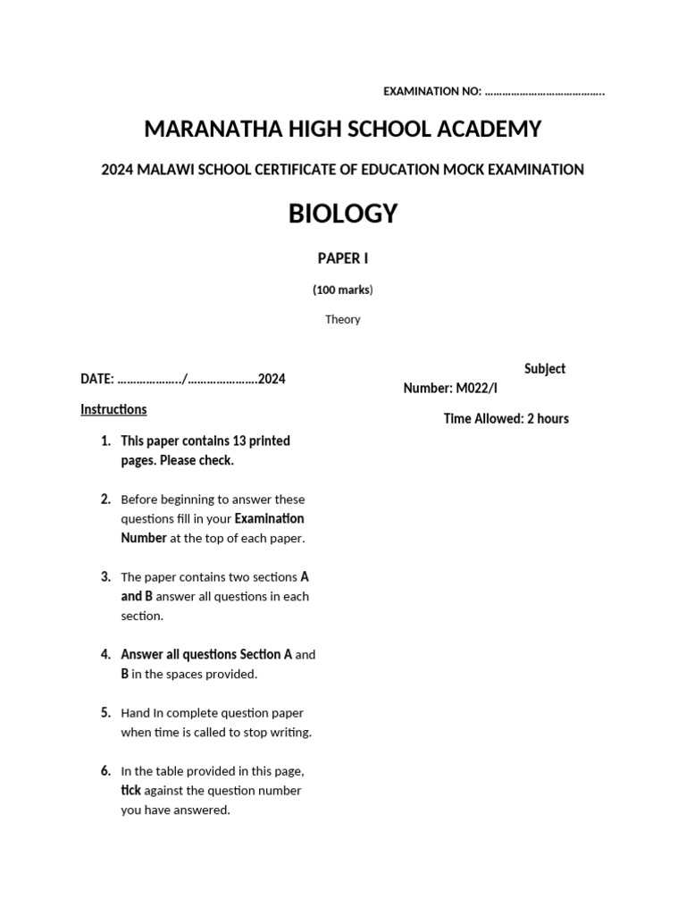 2024 Biology Mock Exam Paper | PDF | Dominance (Genetics) | Genetics