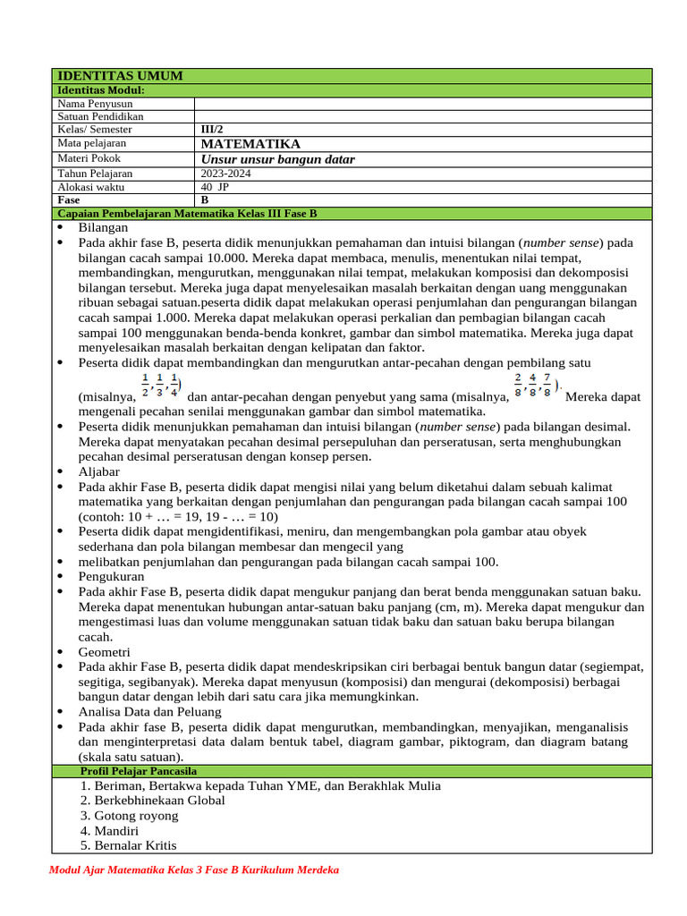 Modul Ajar Matematika Kelas 3 Fase B | PDF