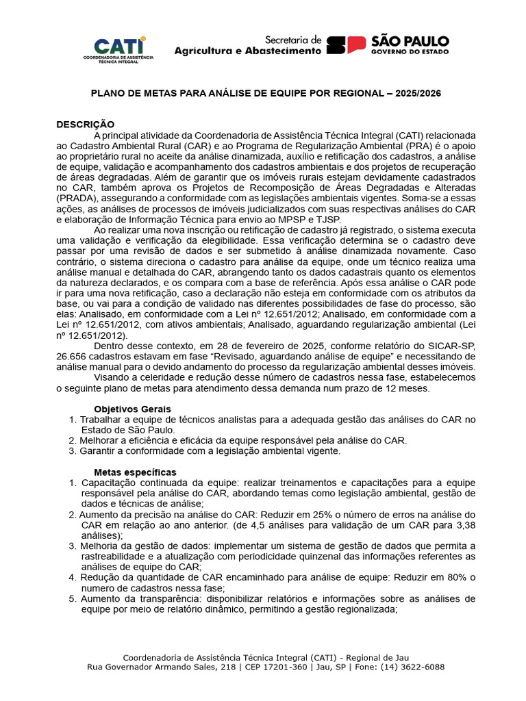 Metas para Análise de CAR 2025/2026 CATI | PDF | Natureza | Proteção ...