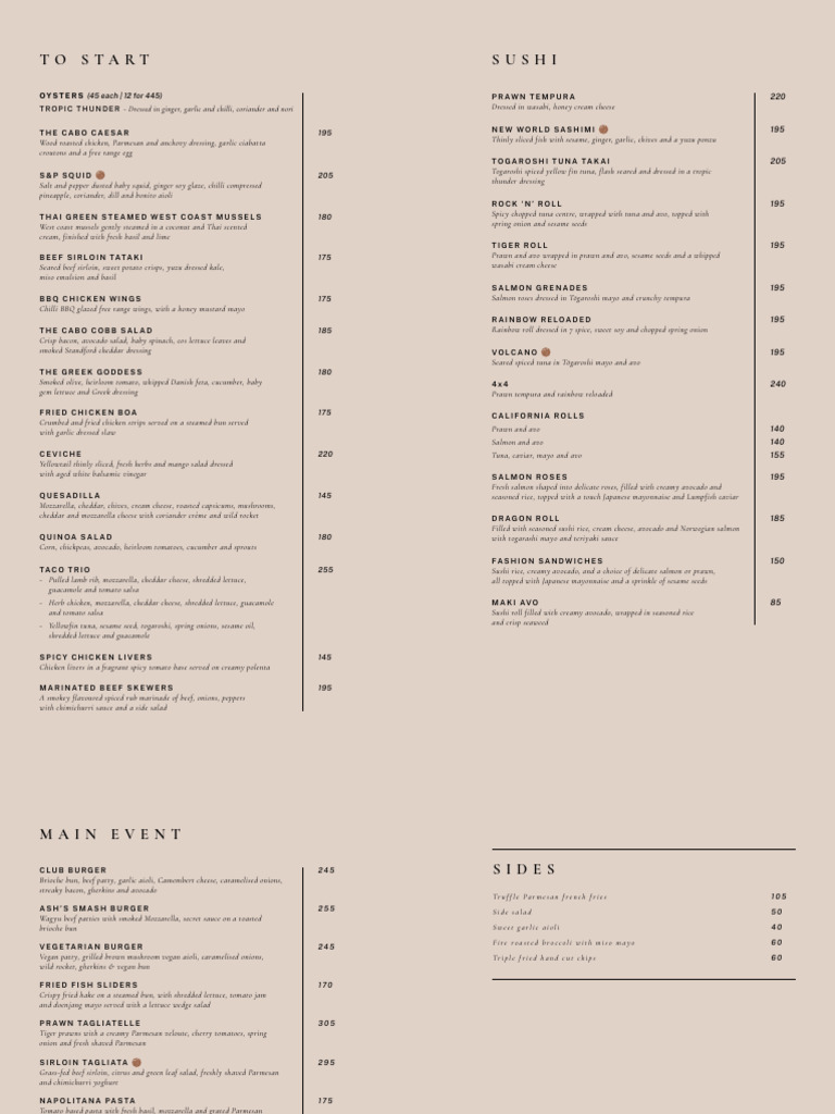 Cabo Beach Club Menu Overview | PDF | Sushi | Sauce