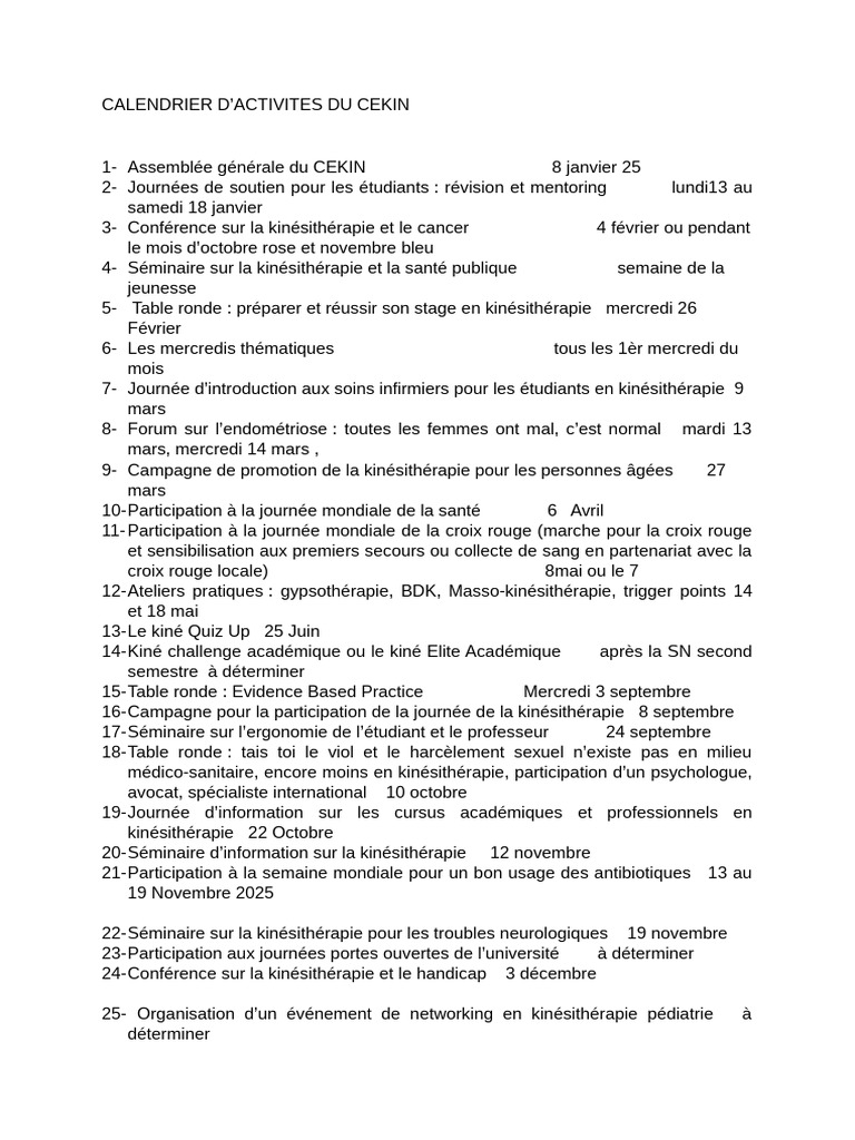 Calendrier des Activités du CEKIN 2025 | PDF