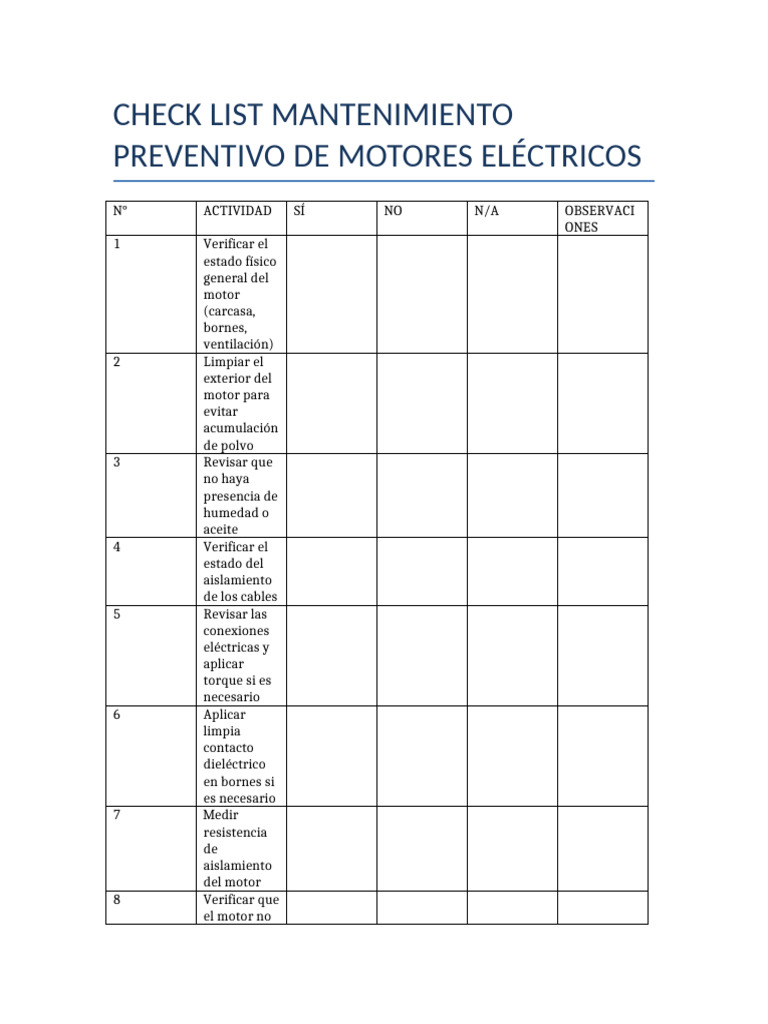Checklist Mantenimiento Motores Electricos | PDF