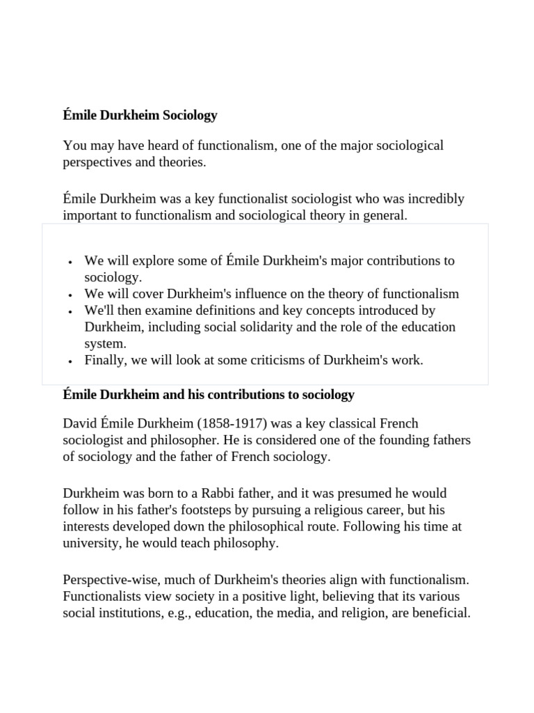 Durkheim's Functionalism in Sociology | PDF | Sociology | Émile Durkheim