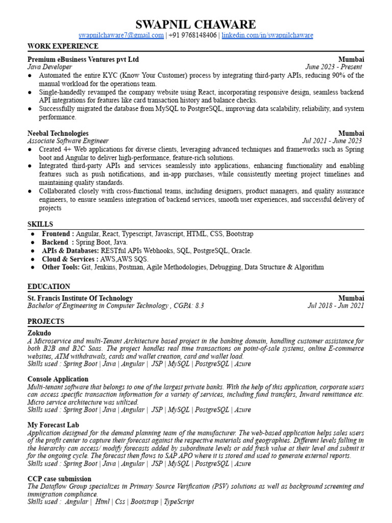 Java Developer Resume and Skills Overview | PDF | Postgre Sql | Databases
