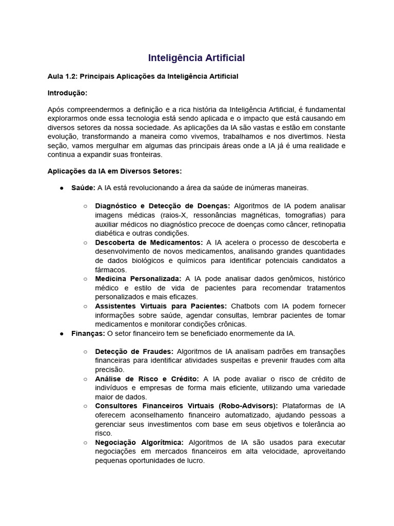 Aula 1.2_ Principais Aplicações da Inteligência Artificial | PDF ...