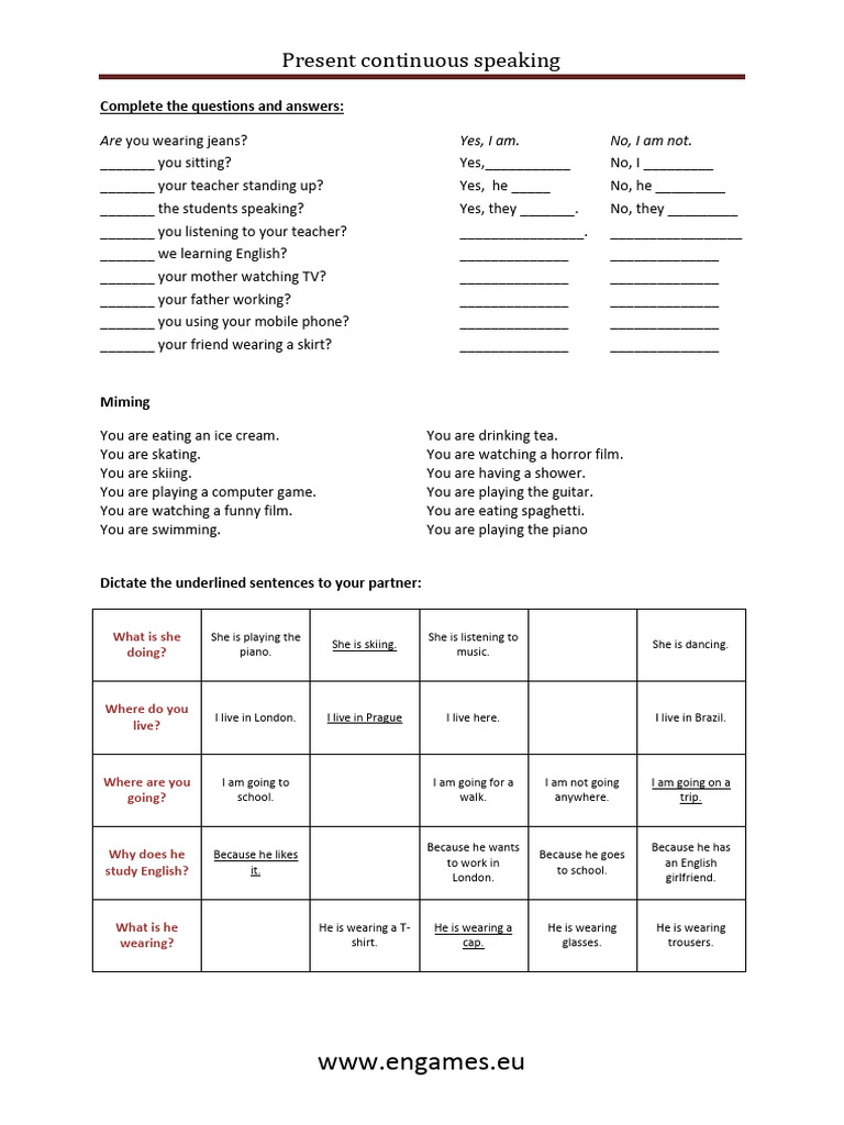 Present Continuous Speaking Practice | PDF