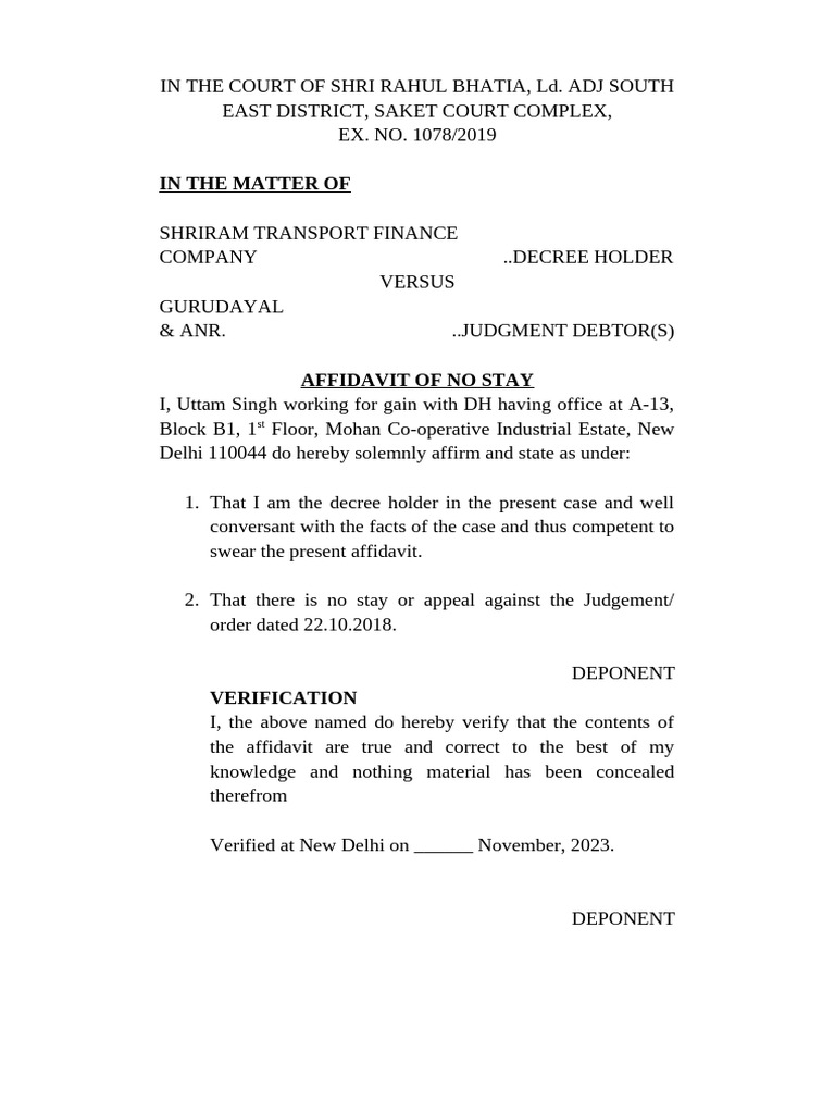 Affidavit of No Stay in Court Case | PDF