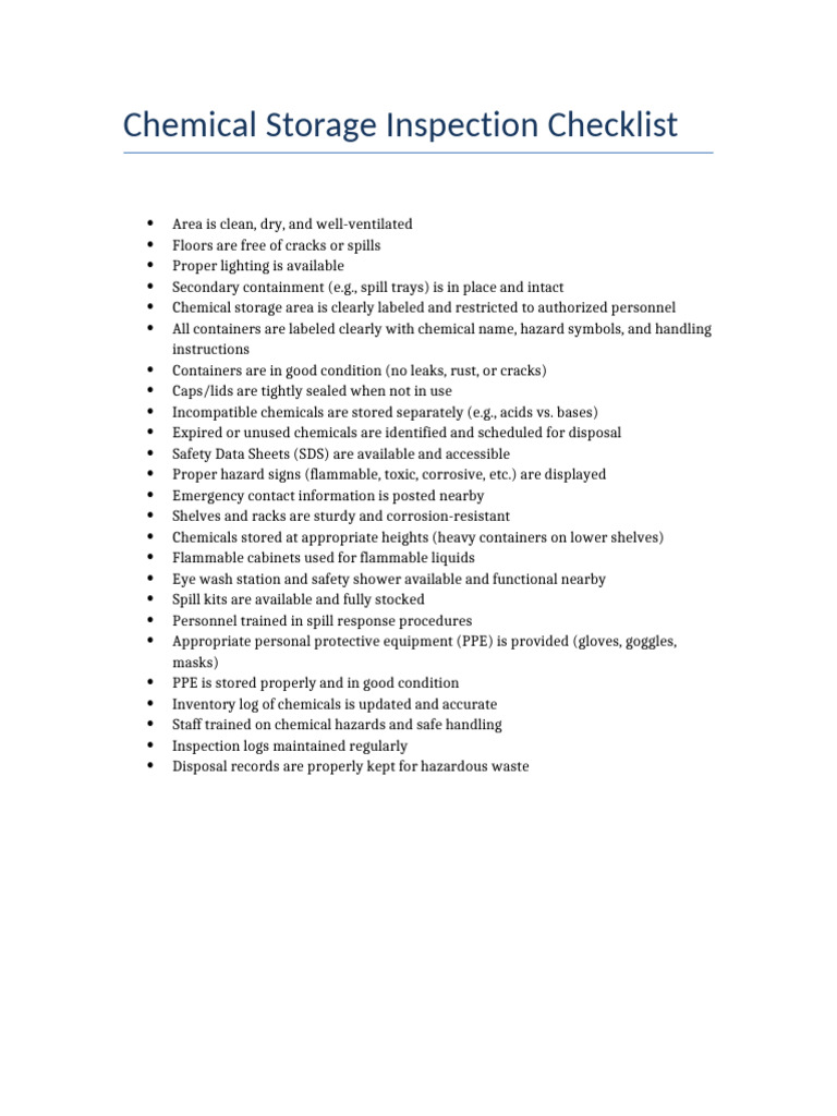 Chemical Storage Inspection Checklist | PDF