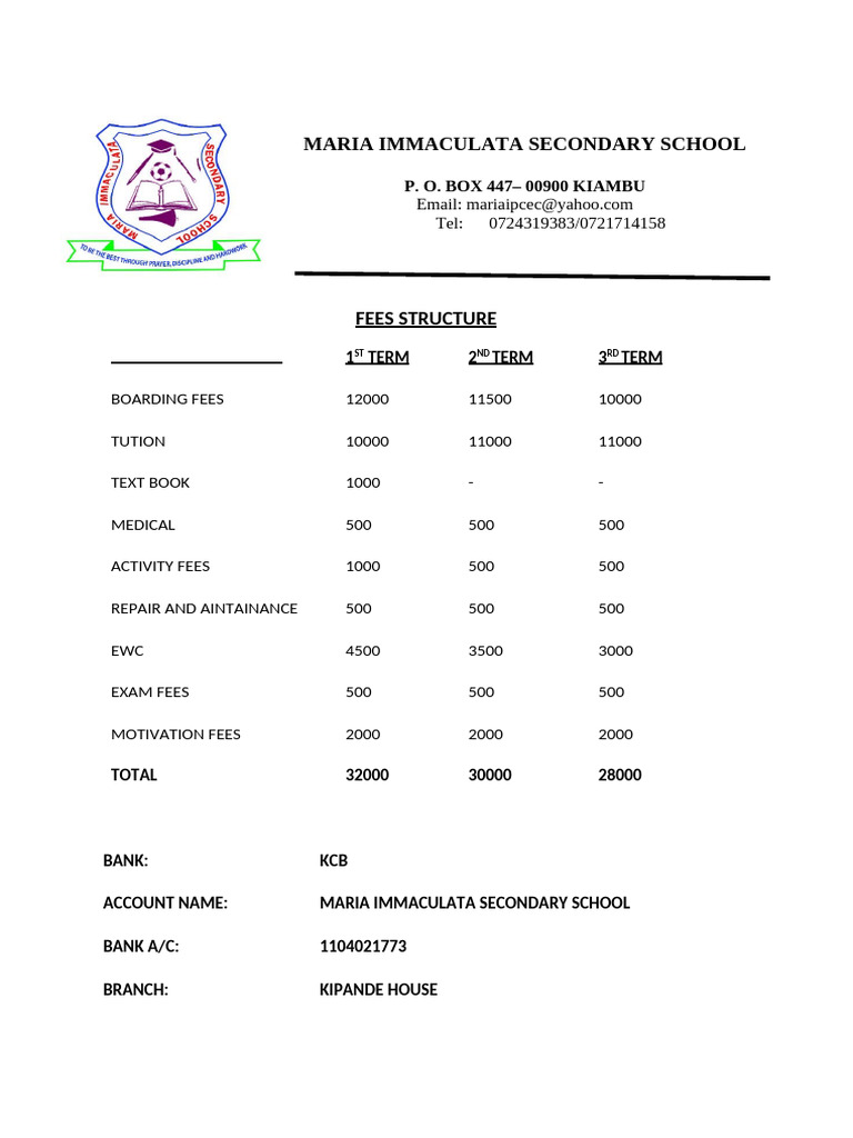 Maria Immaculata Secondary School Fees | PDF