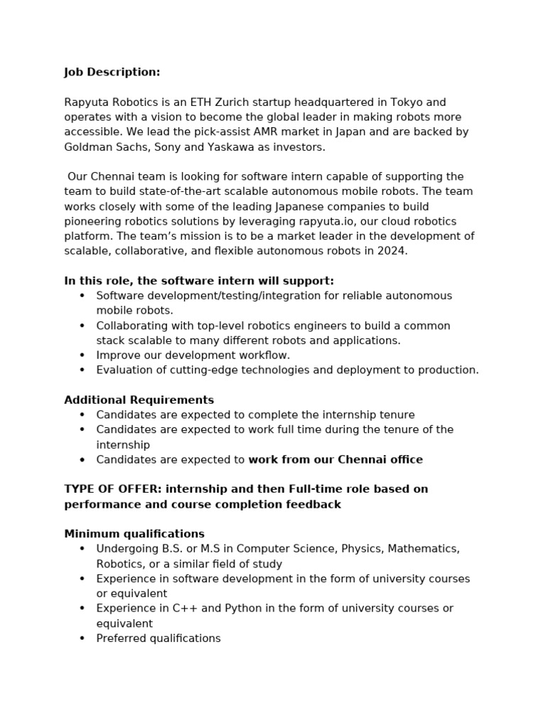 Software Intern Position at Rapyuta Robotics | PDF