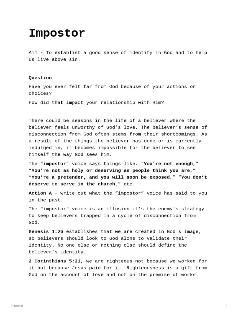 Impostor Bible Study 19th Jan Pdf Religious Belief And Doctrine