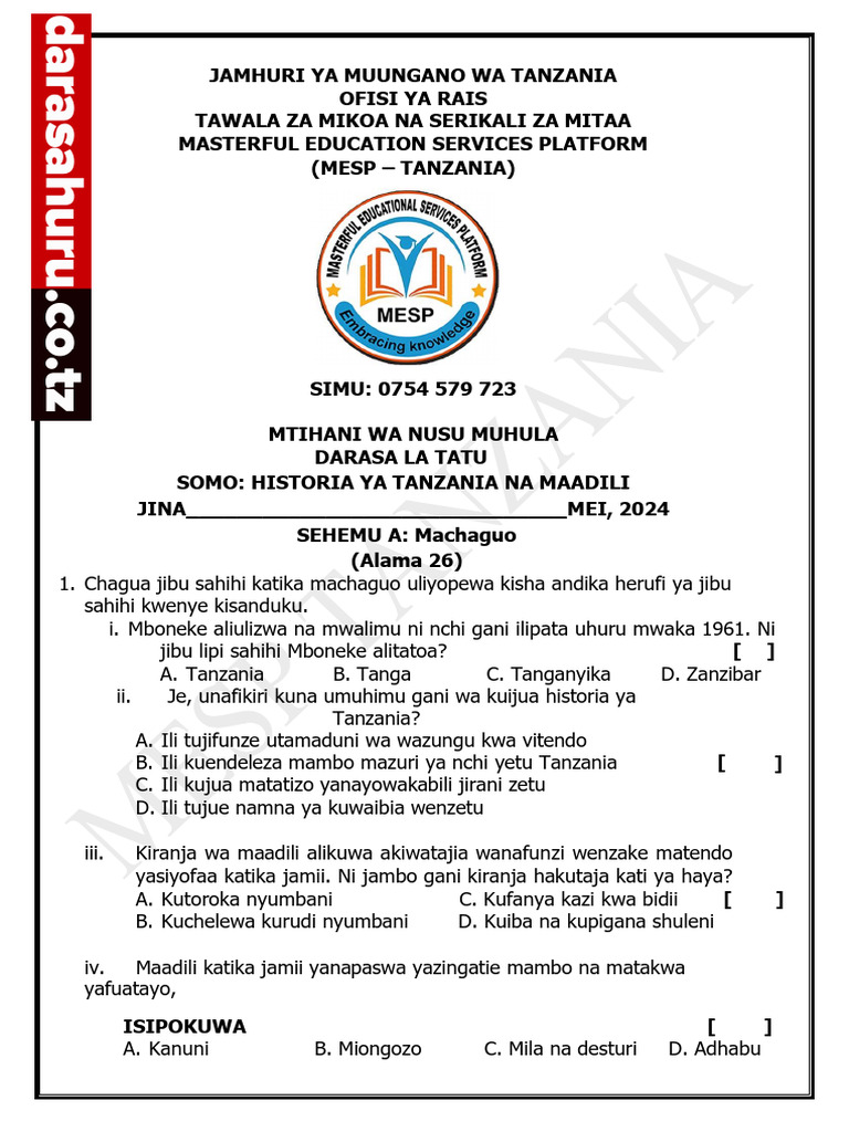 Historia Ya Tanzania Na Maadili Darasahuru - Co.tz STD 3, Mesp Tanzania ...