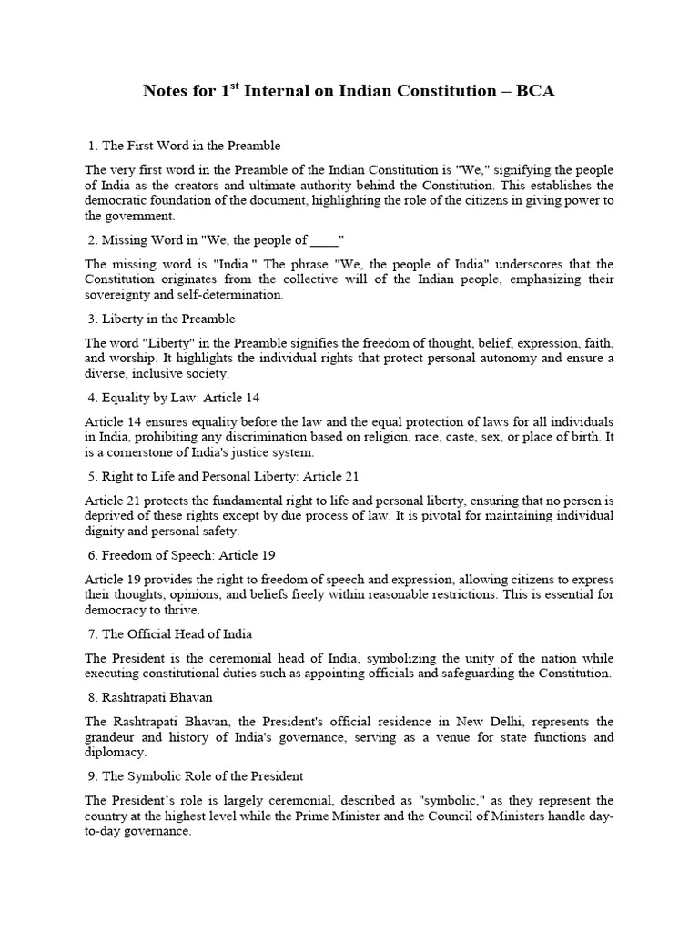 Notes For 1st Internal On Indian Constitution | PDF | Political Science ...