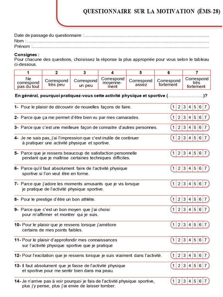 Questionnaire de Motivation ÉMS-28 | PDF