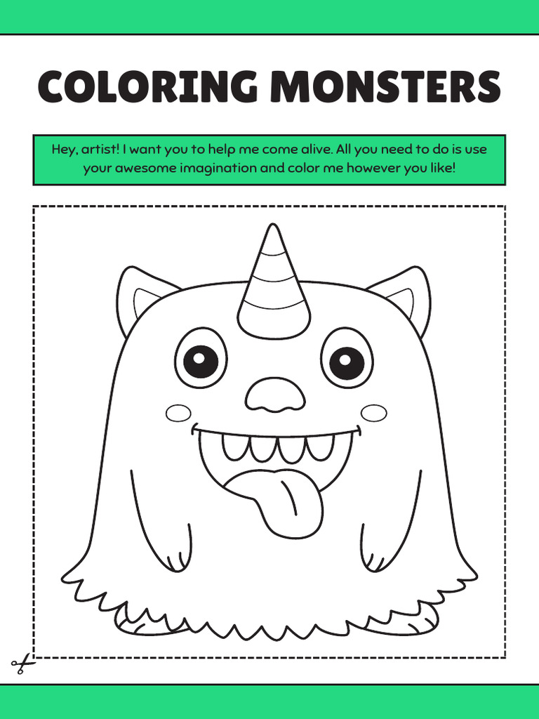 Coloring Monsters Coloring Page Worksheet in Green Lined Cartoon Style ...