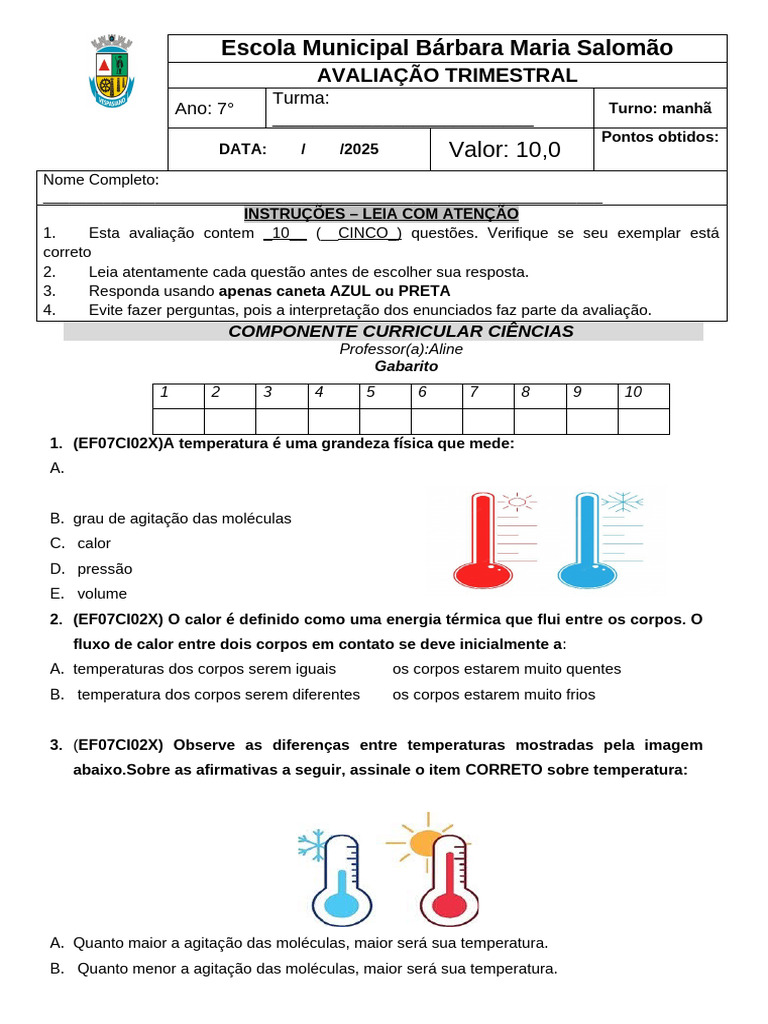 Avaliação de Ciências - 7º Ano | PDF | Calor | Temperatura
