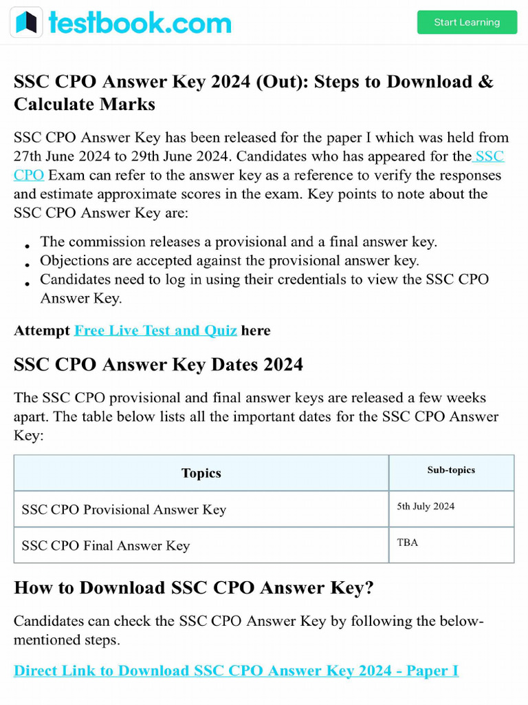 SSC CPO Answer Key 2024 (Out) - Steps To Download & Calculate Marks | PDF
