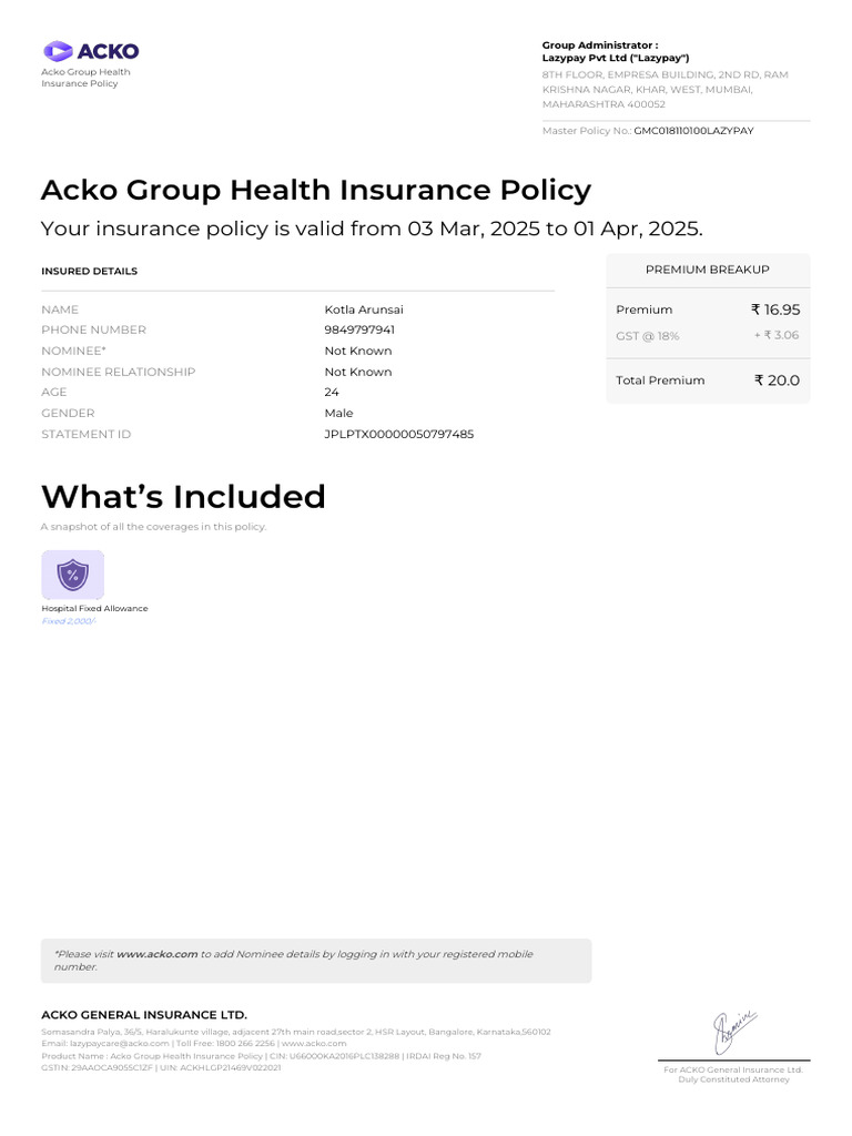 AckoPolicy WLWlrgT7xg5fEDsYeEBosw 1 | PDF | Insurance | Financial Services