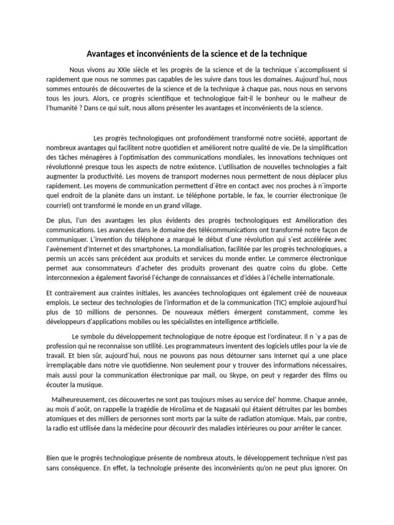 Avantages et inconvénients de la science | PDF | Science | Technologies ...