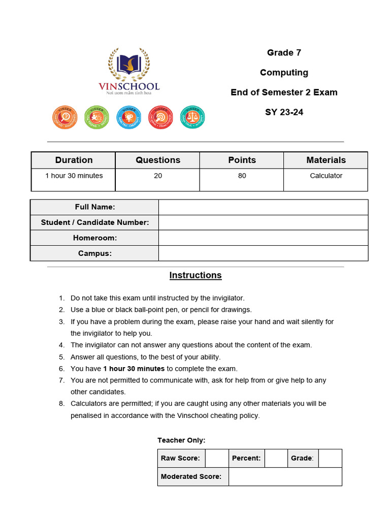 Grade 7 Computing Exam Instructions | PDF