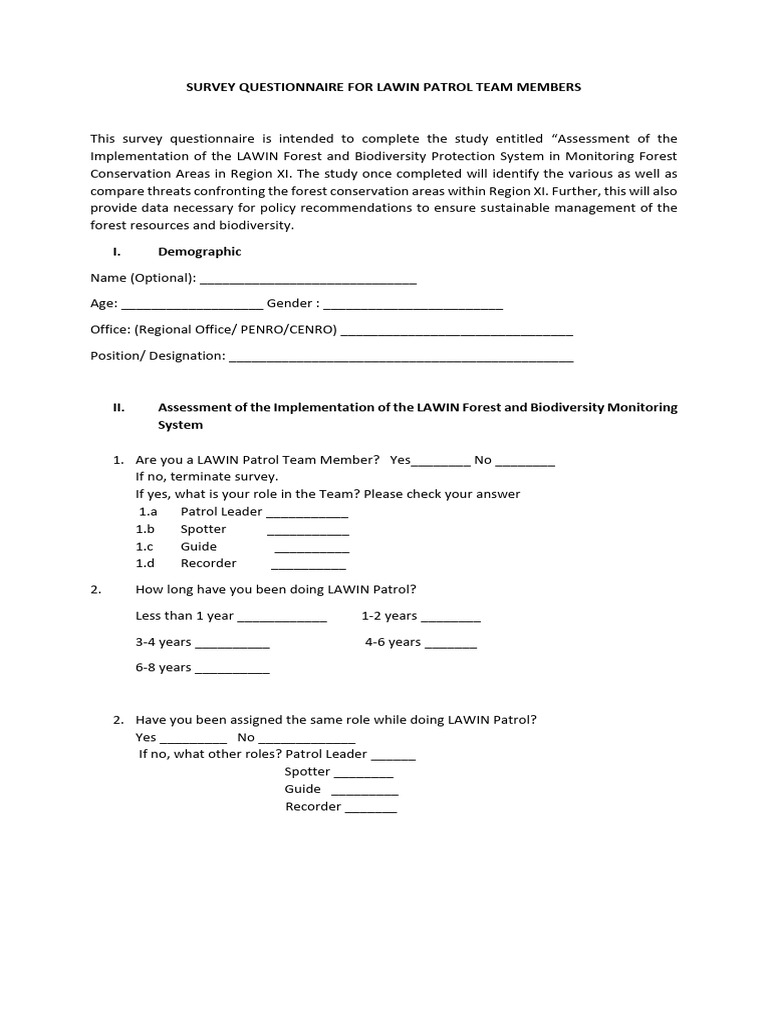 LAWIN Patrol Team Survey Questionnaire | PDF