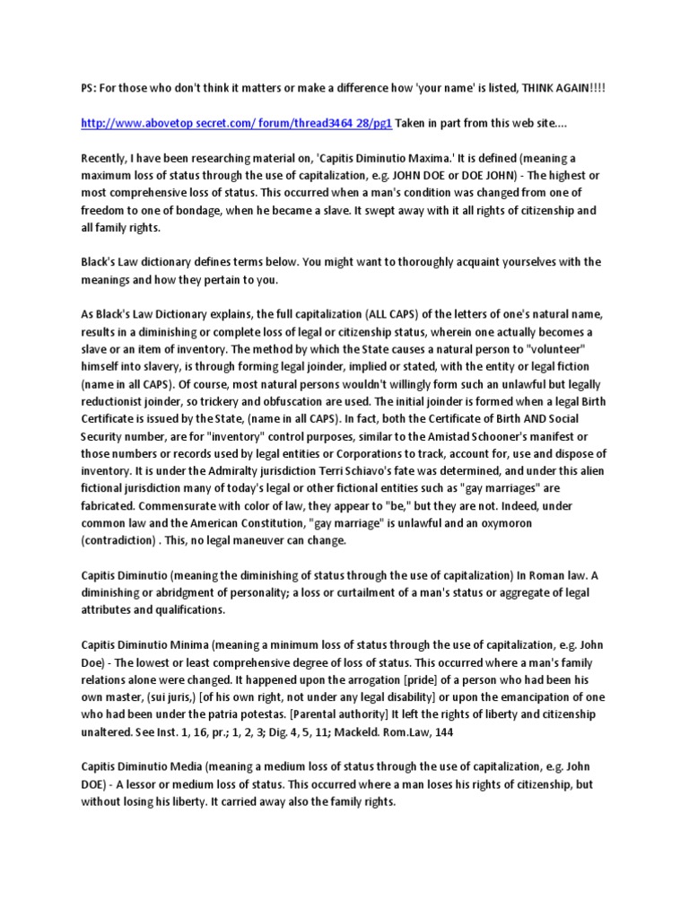 Capitis Diminutio Maxima | PDF | Legal Personality | Slavery