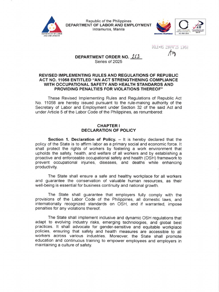 DOLE Department Order 252-25 Overview | PDF | Occupational Safety And ...