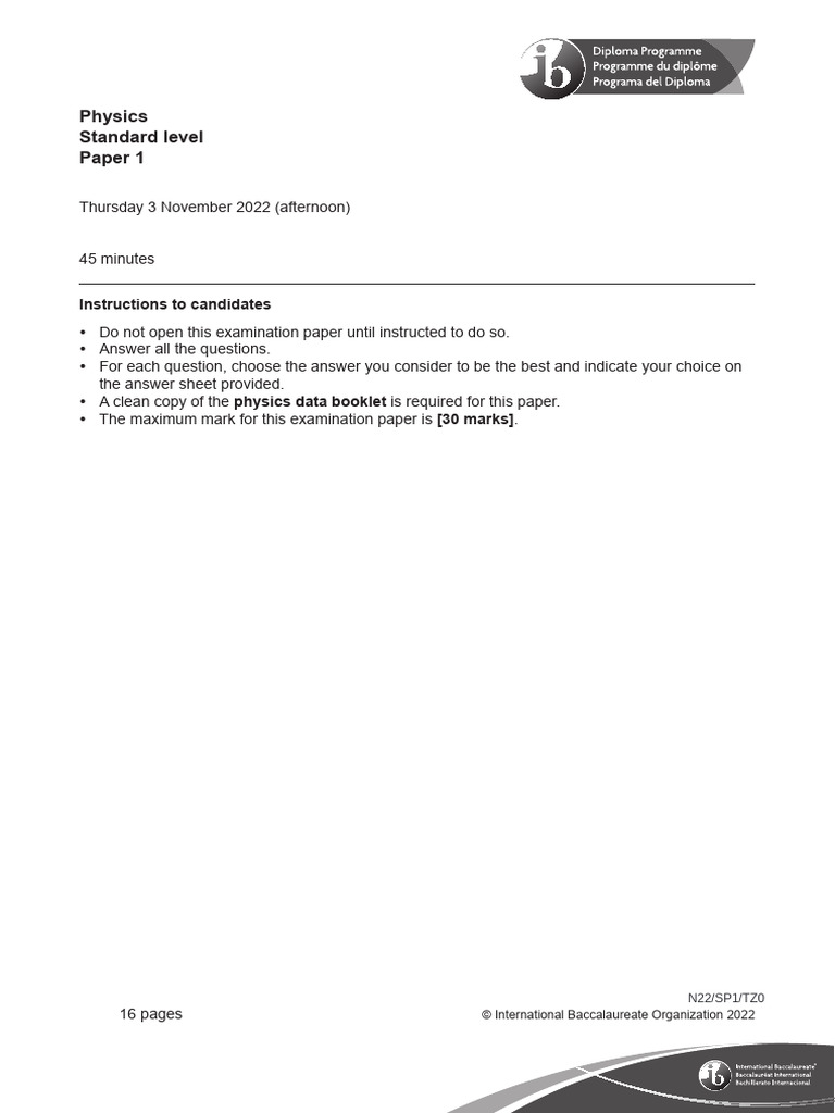 IB Physics SL Paper 1 Exam 2022 | PDF | Force | Mass