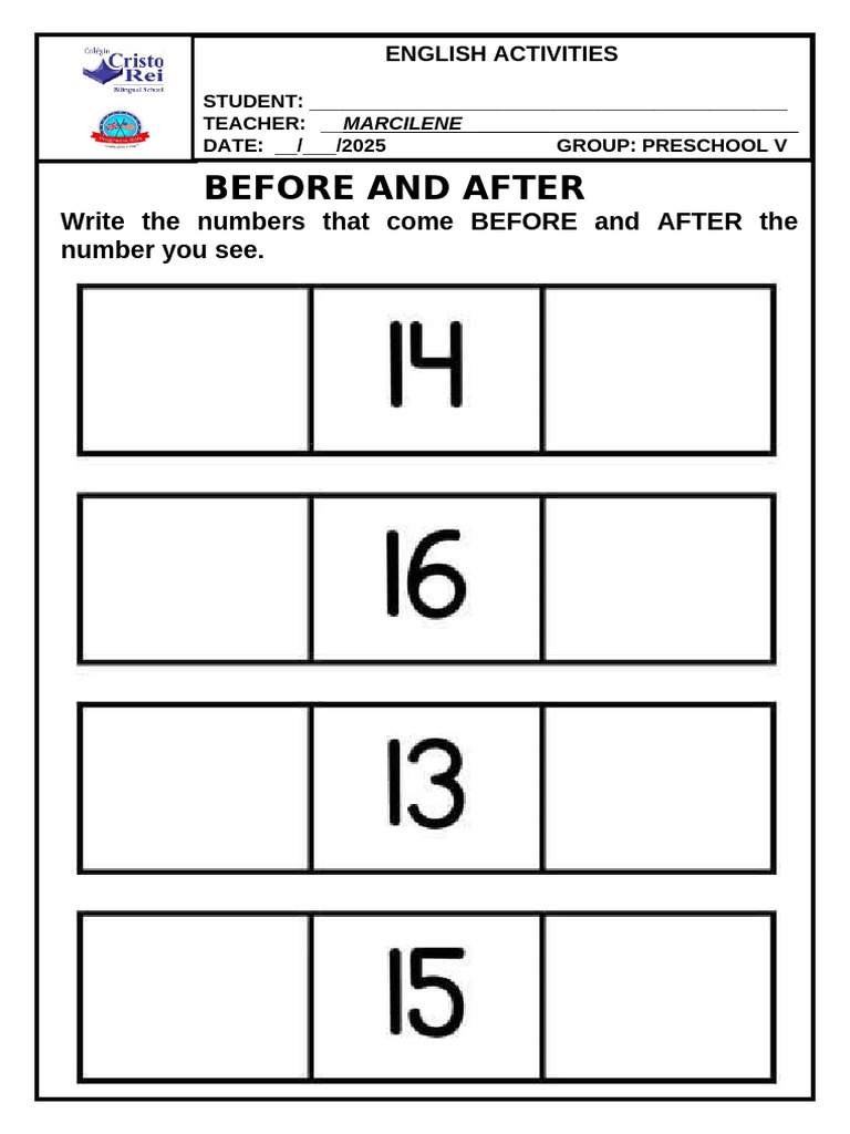 Numbers Before and After - Worksheet - Preschool 5 | PDF
