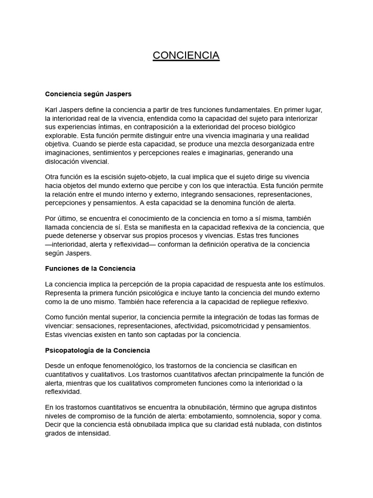 Alteraciones de la Conciencia según Jaspers | PDF | Coma | Pensamiento