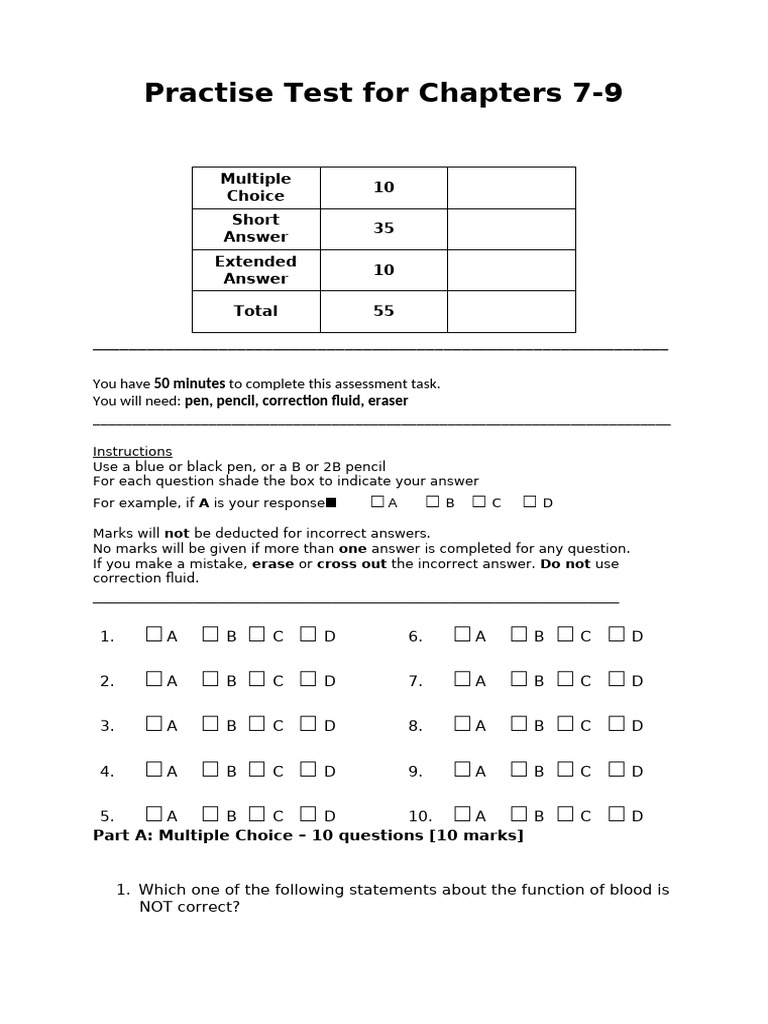 Chapters 7-9 Practice Test | PDF | Breathing | Heart