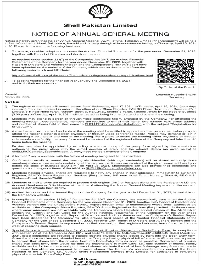 Shell Pakistan AGM Notice 2024 | PDF | Audit