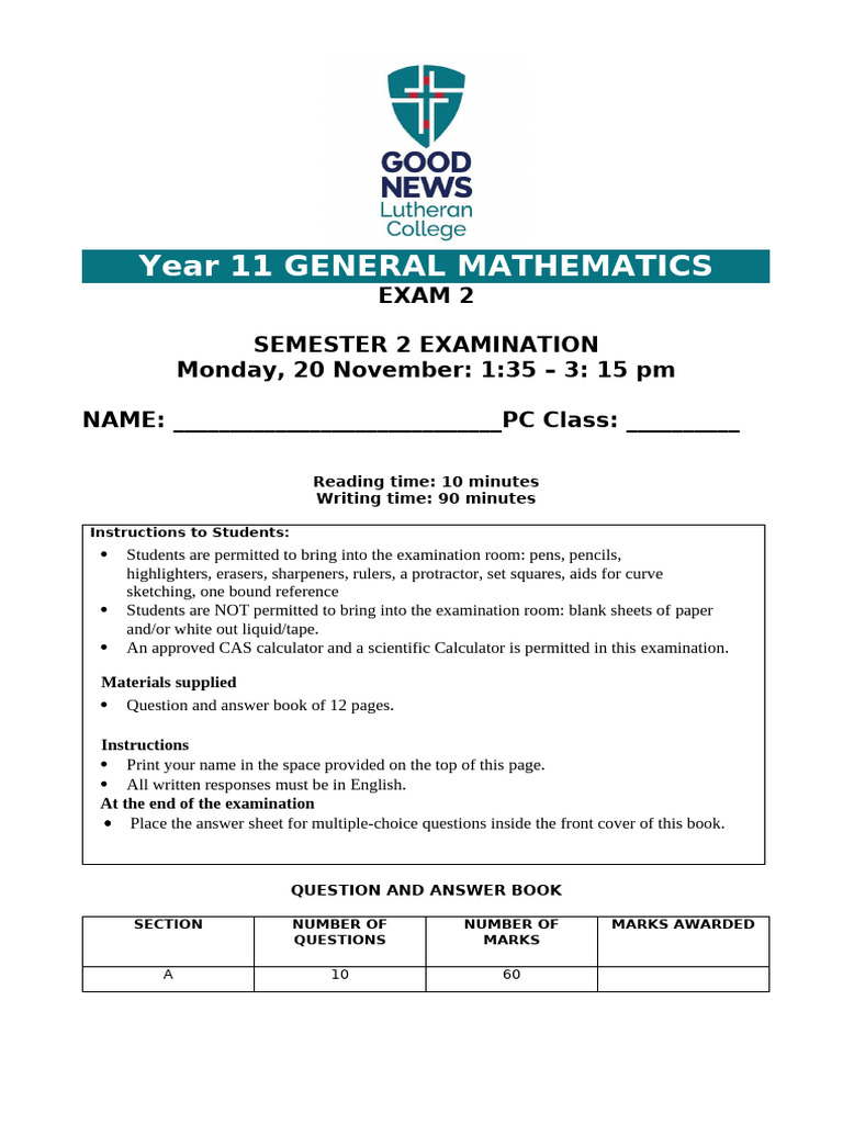 Year 11 GM Exam 2 2023 Final Version1 | PDF | Pressure | Pascal (Unit)