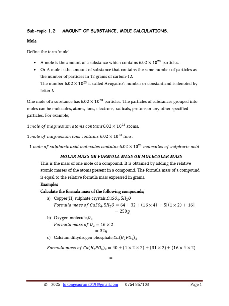 Mole Calculations and Mass Determination | PDF | Oxide | Mole (Unit)